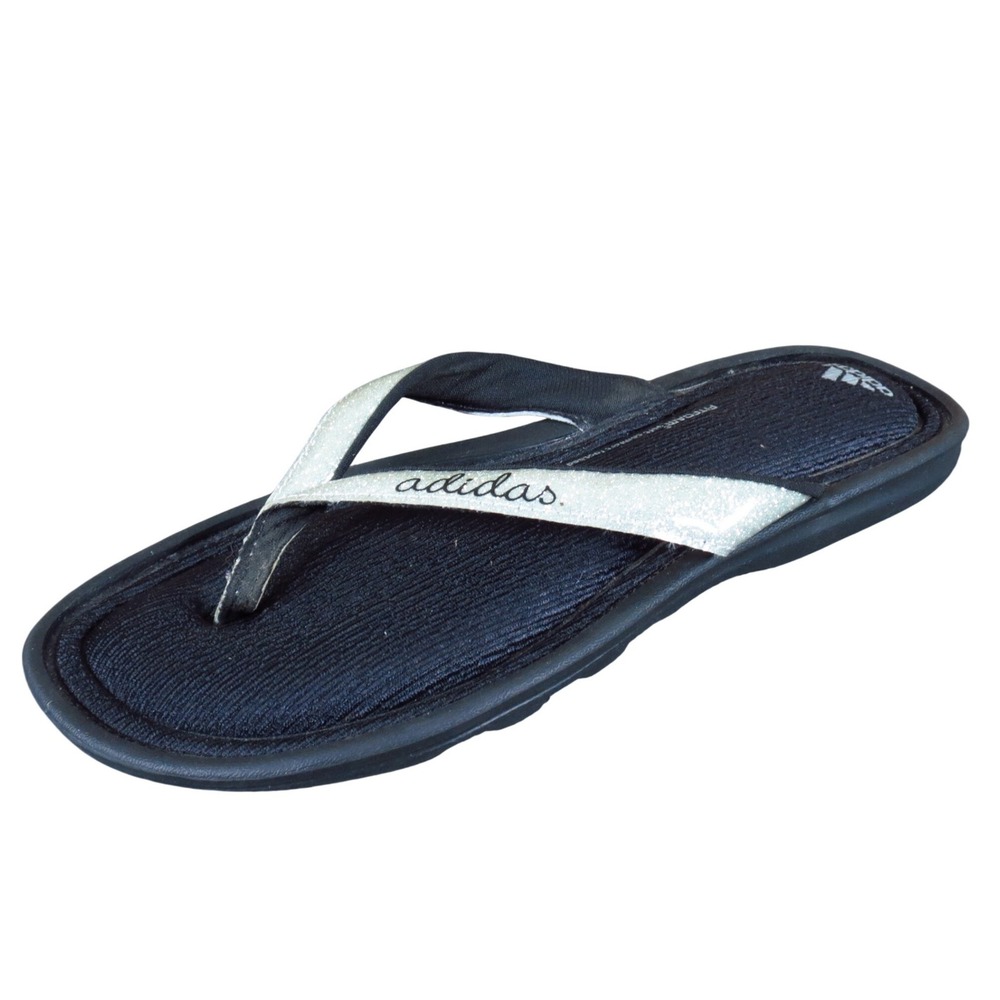 Adidas Chilwyanda Girls Sandal Sz 6 Casual Summer Flip Flop Black Silver Glitter
